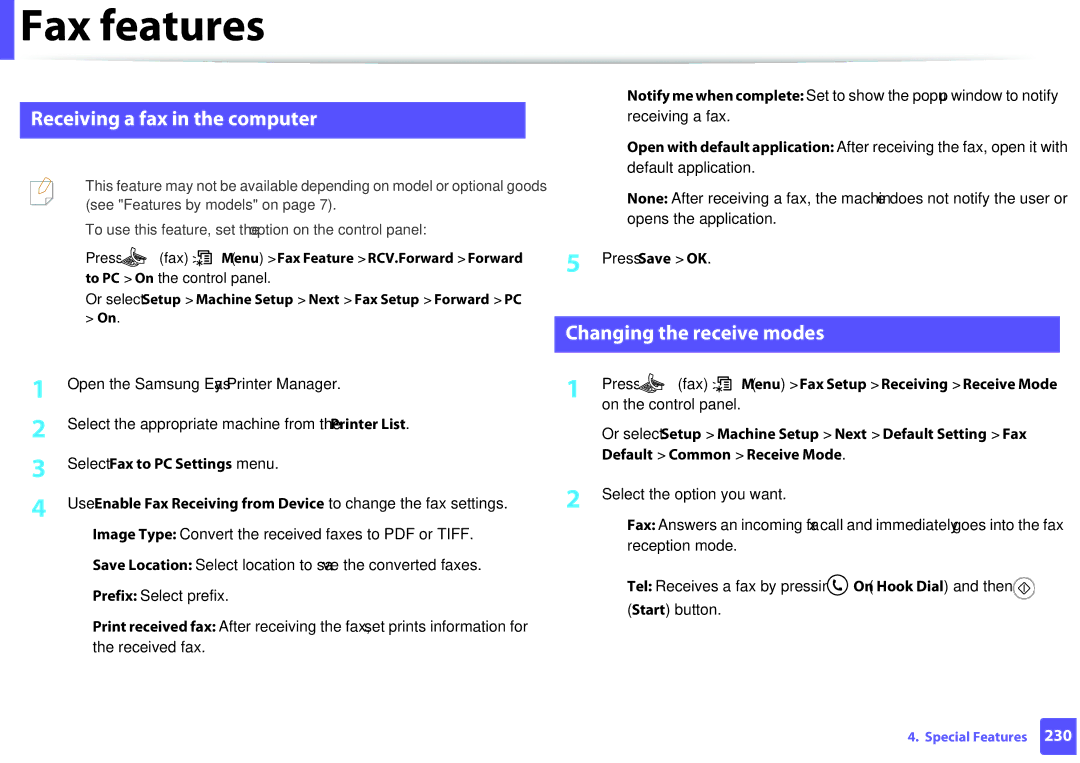 Samsung M207x manual Receiving a fax in the computer, Changing the receive modes 