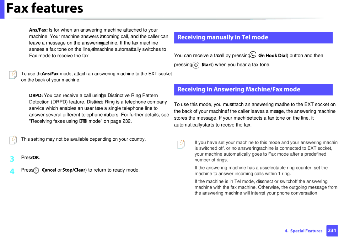 Samsung M207x Receiving manually in Tel mode, Receiving in Answering Machine/Fax mode 