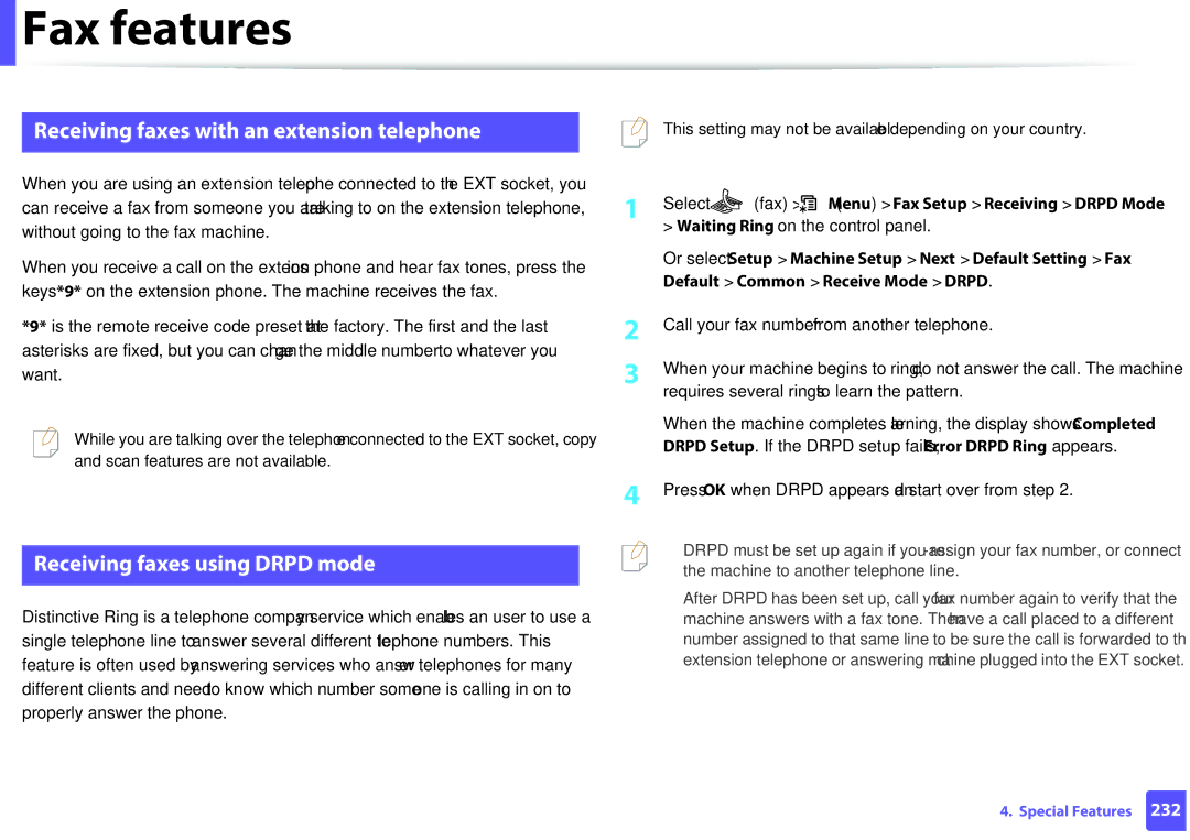 Samsung M207x manual Receiving faxes with an extension telephone, Receiving faxes using Drpd mode, Fax 