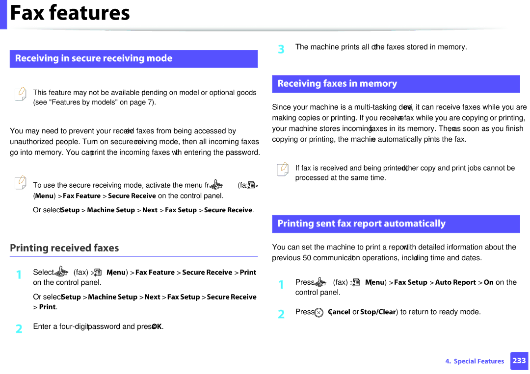 Samsung M207x manual Printing received faxes, Receiving in secure receiving mode, Receiving faxes in memory 