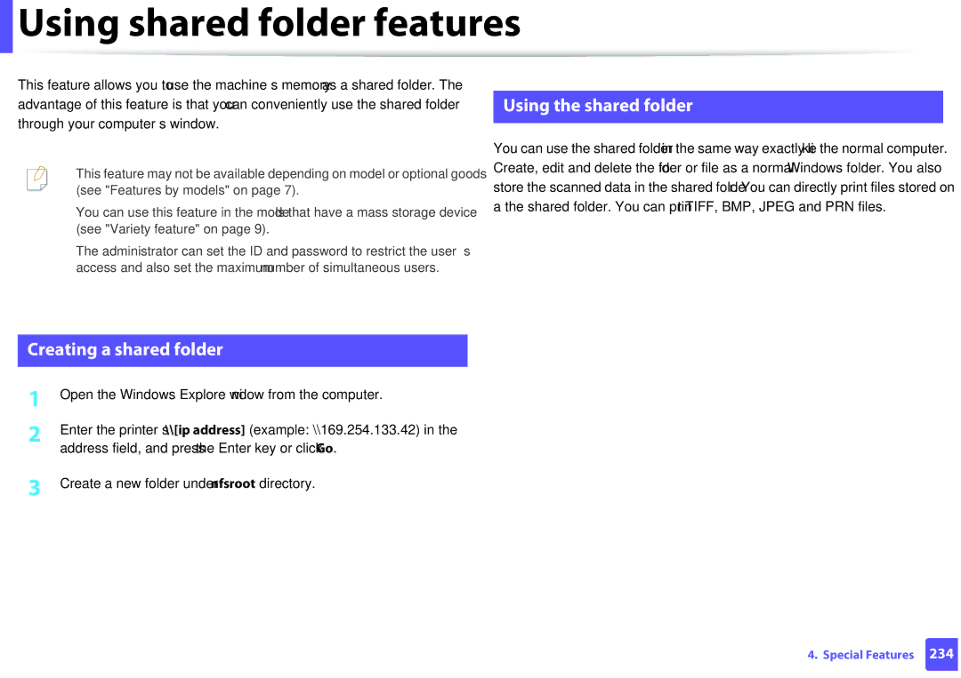 Samsung M207x manual Using shared folder features, Using the shared folder, Creating a shared folder 