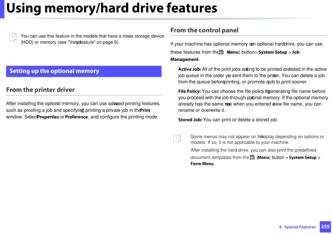 Samsung M207x manual Using memory/hard drive features, From the printer driver, From the control panel 