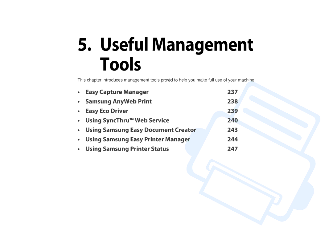 Samsung M207x manual Useful Management Tools 