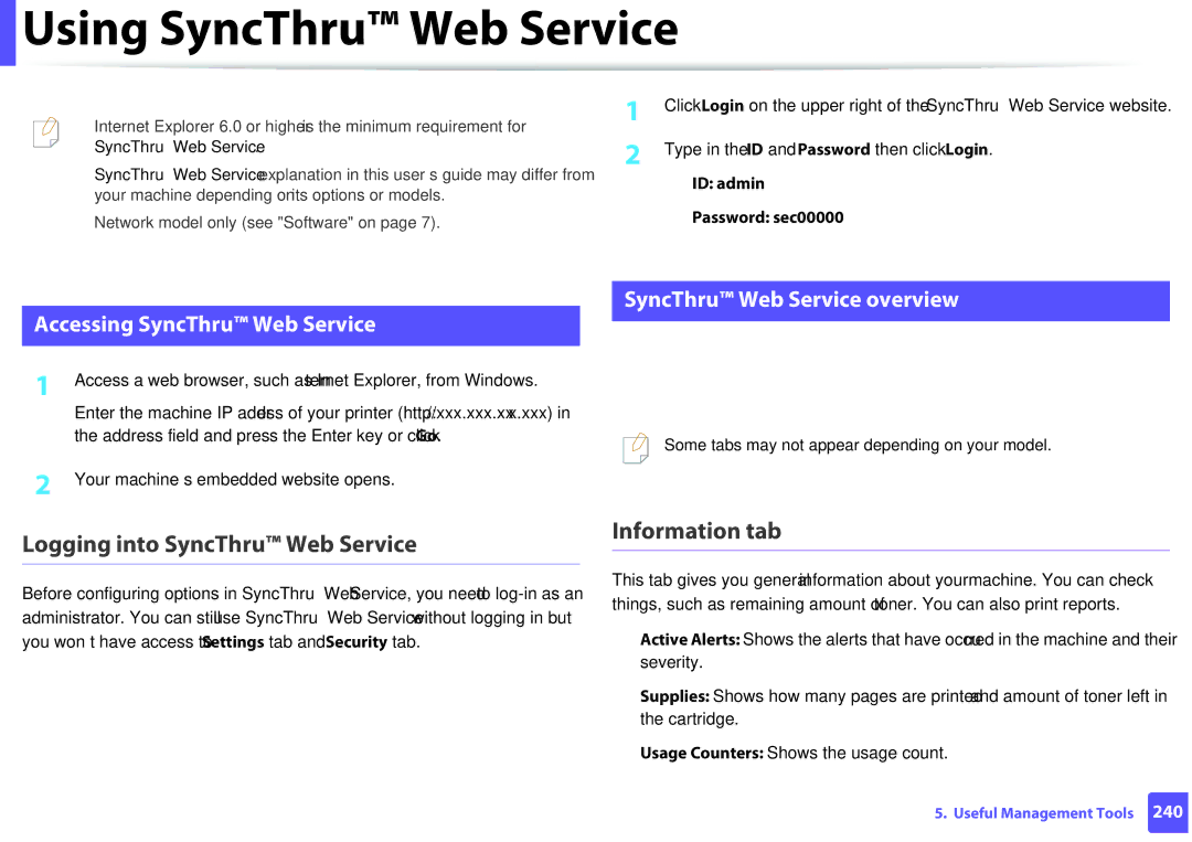 Samsung M207x manual Using SyncThru Web Service, Logging into SyncThru Web Service, Information tab 