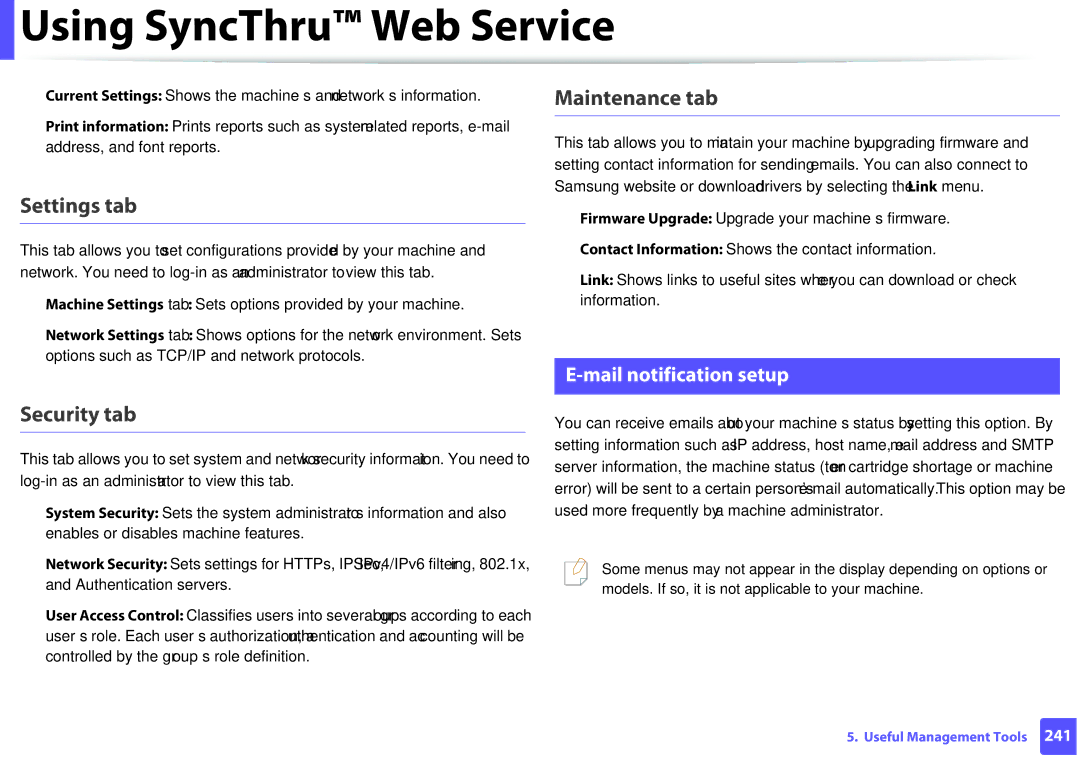 Samsung M207x manual Maintenance tab, Settings tab, Security tab, Mail notification setup 