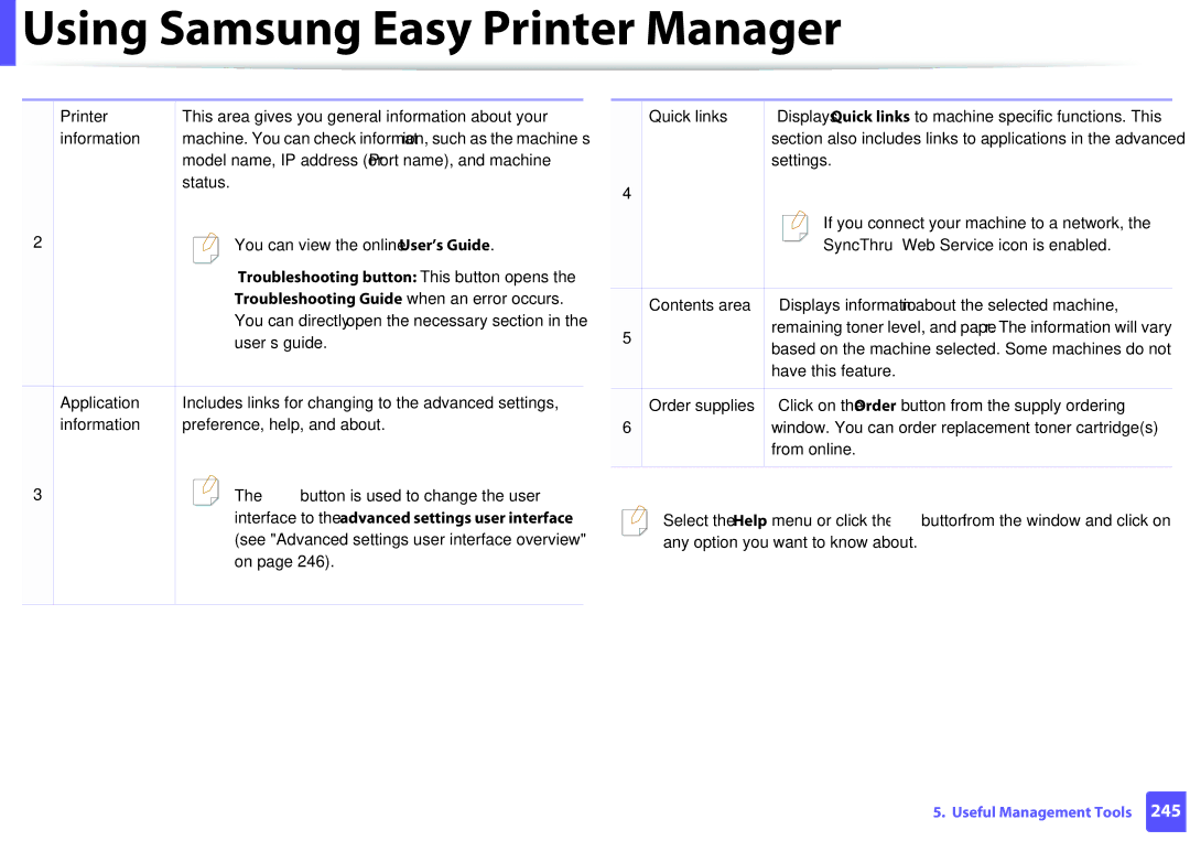 Samsung M207x manual Troubleshooting button This button opens, Troubleshooting Guide when an error occurs 