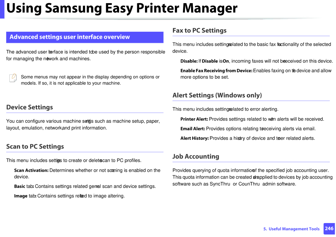 Samsung M207x manual Fax to PC Settings, Device Settings, Scan to PC Settings, Alert Settings Windows only, Job Accounting 