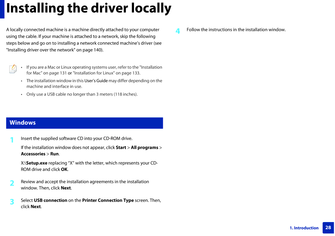 Samsung M207x manual Installing the driver locally, Windows 