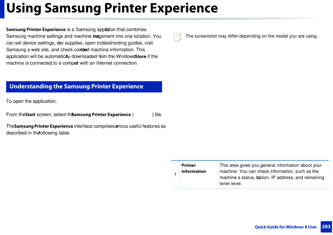 Samsung M207x manual Using Samsung Printer Experience, Understanding the Samsung Printer Experience, Printer Information 