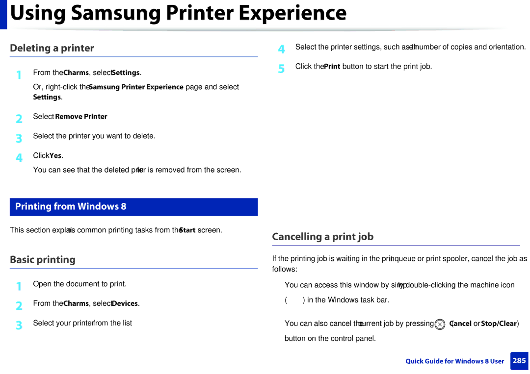 Samsung M207x Deleting a printer, Basic printing, Cancelling a print job, Printing from Windows, Select Remove Printer 