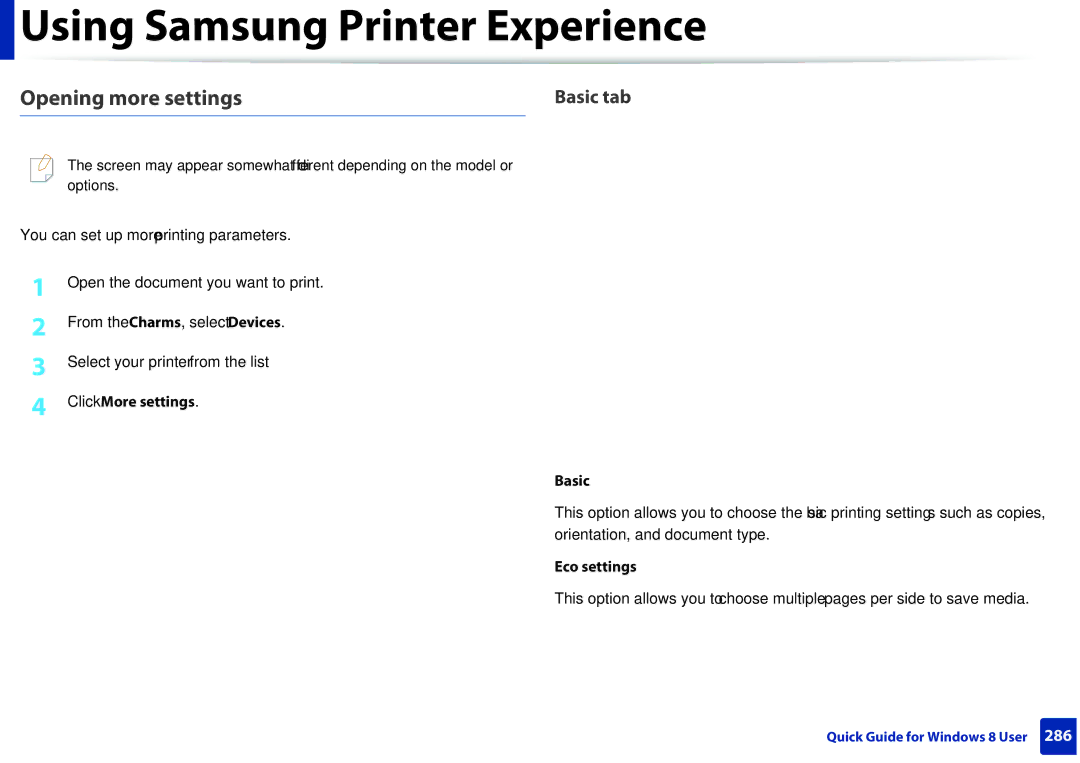 Samsung M207x manual Opening more settings, Click More settings Basic, Eco settings 