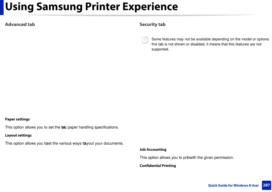 Samsung M207x Paper settings, Layout settings, Job Accounting, This option allows you to print with the given permission 