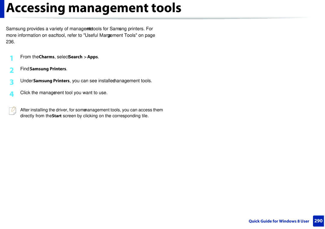 Samsung M207x manual Accessing management tools, Find Samsung Printers 