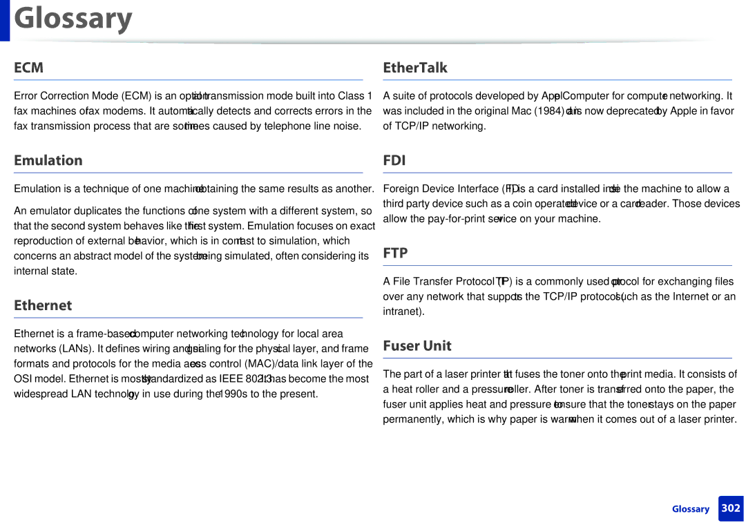 Samsung M207x manual EtherTalk, Emulation, Ethernet, Fuser Unit 