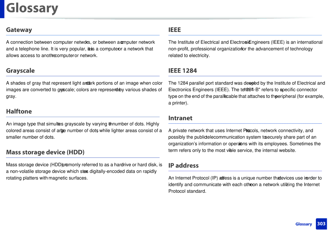 Samsung M207x manual Gateway, Grayscale, Halftone, Mass storage device HDD, Ieee, Intranet, IP address 