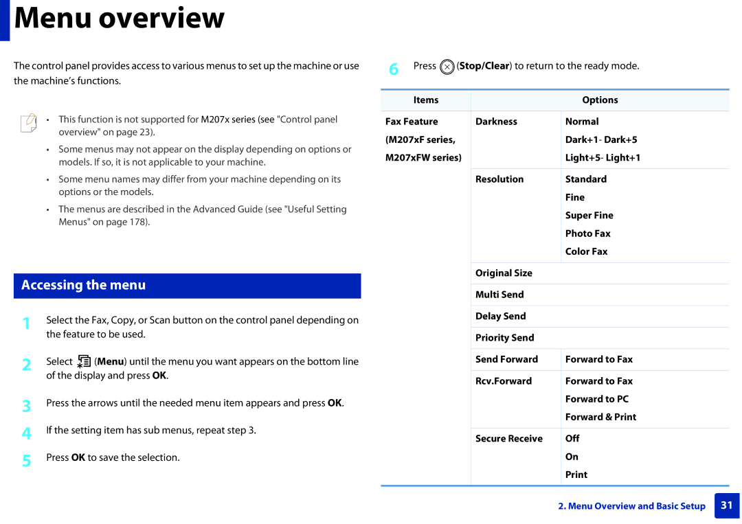 Samsung M207x manual Menu overview, Accessing the menu 