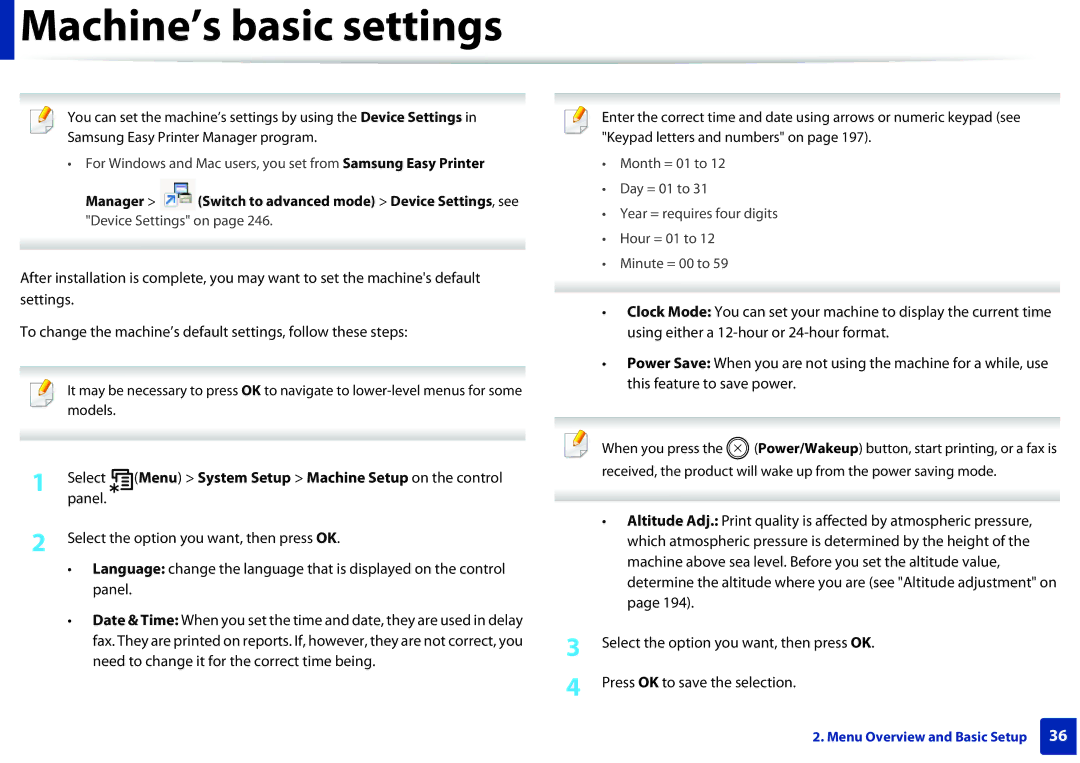 Samsung M207x manual Machine’s basic settings 