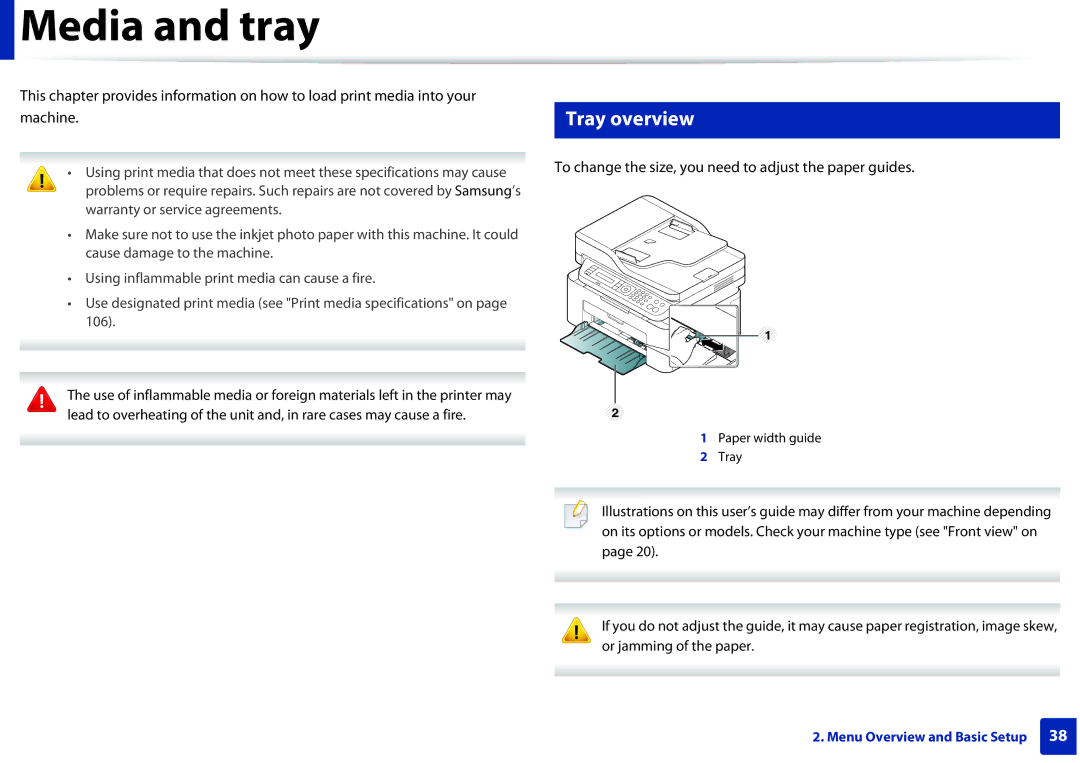 Samsung M207x manual Media and tray, Tray overview, To change the size, you need to adjust the paper guides 