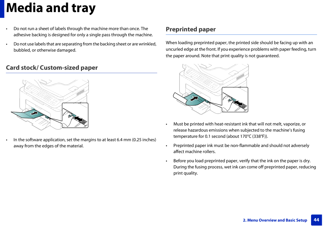 Samsung M207x manual Preprinted paper, Card stock/ Custom-sized paper 