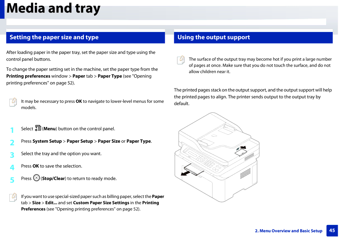 Samsung M207x manual Setting the paper size and type, Using the output support, Select Menu button on the control panel 