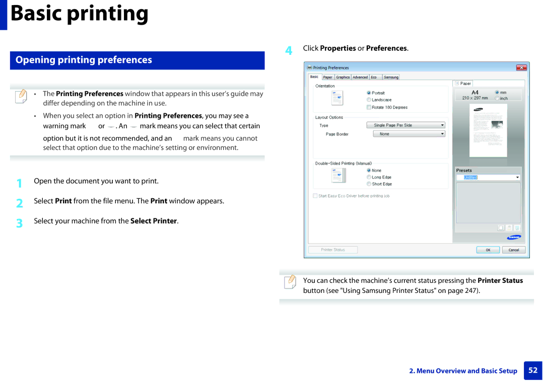 Samsung M207x manual Opening printing preferences, Click Properties or Preferences 