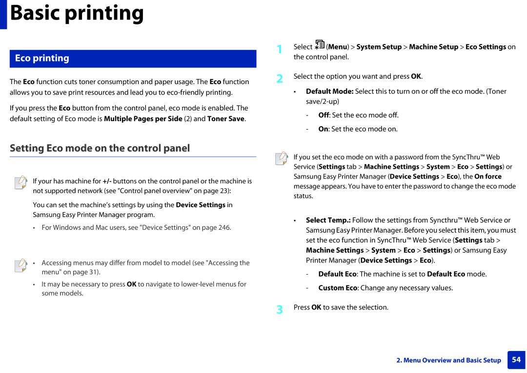 Samsung M207x manual Setting Eco mode on the control panel, Eco printing 