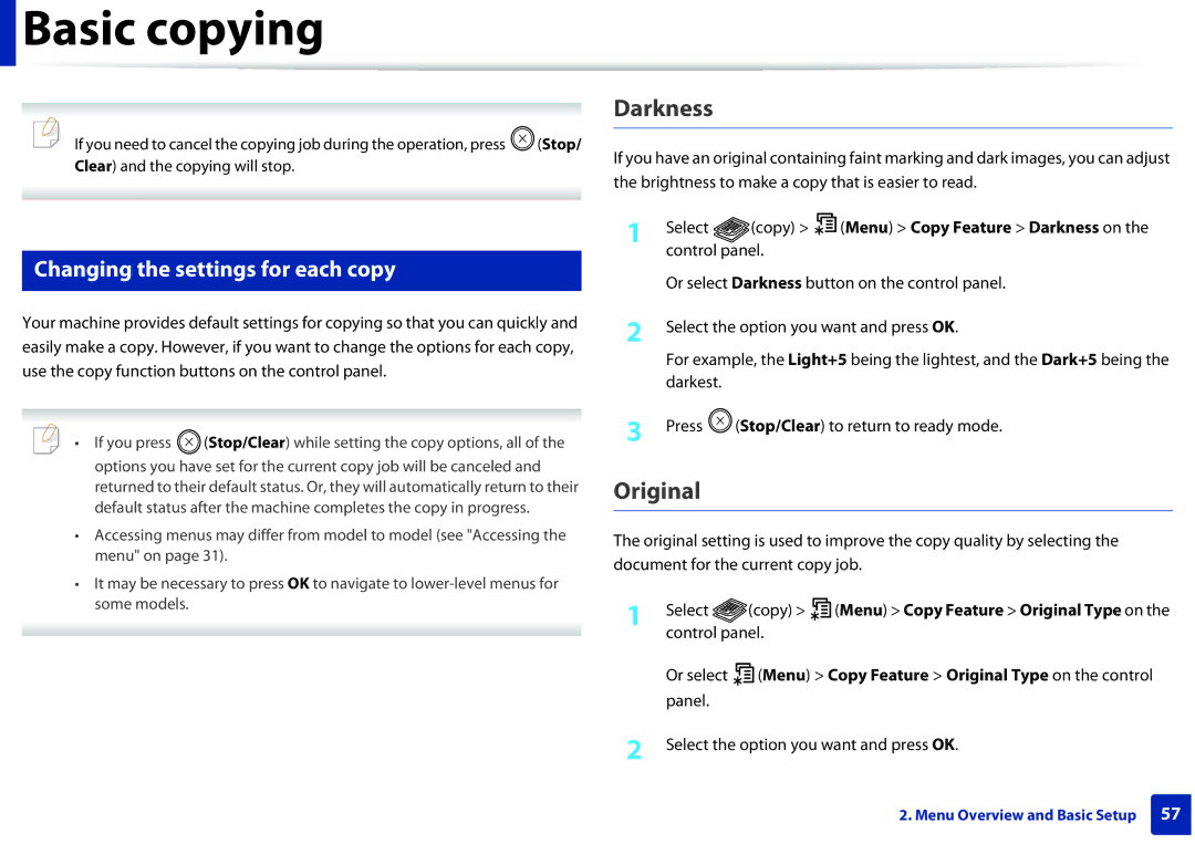 Samsung M207x manual Darkness, Original, Changing the settings for each copy 