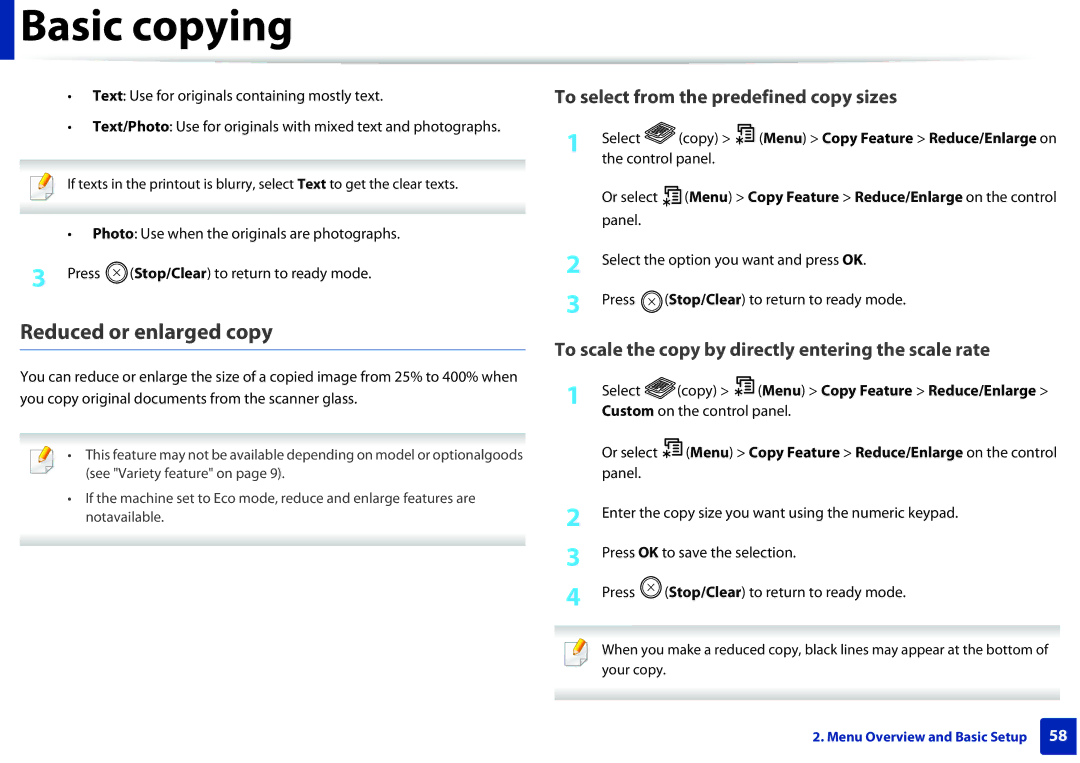 Samsung M207x manual Reduced or enlarged copy, To select from the predefined copy sizes 