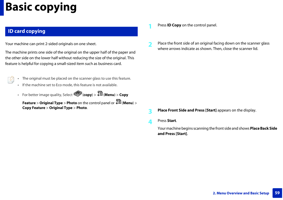 Samsung M207x ID card copying, Press ID Copy on the control panel, Place Front Side and Press Start appears on the display 