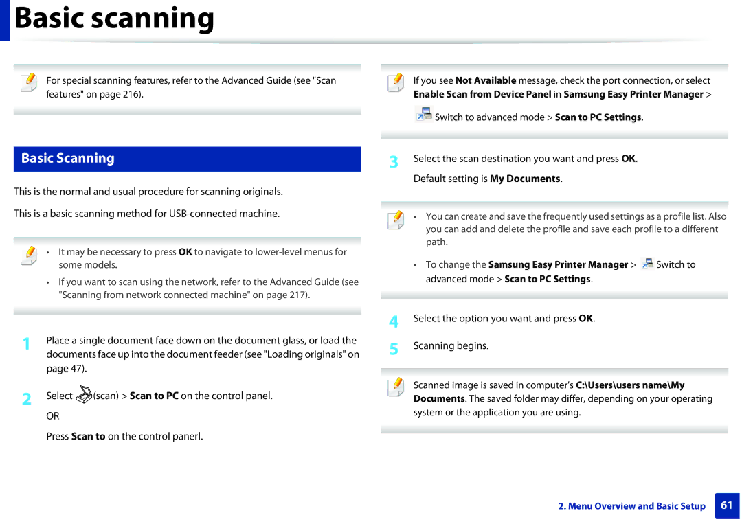 Samsung M207x manual Basic scanning, Basic Scanning, Select the option you want and press OK Scanning begins 