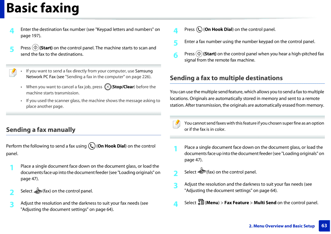 Samsung M207x Sending a fax manually, Sending a fax to multiple destinations 