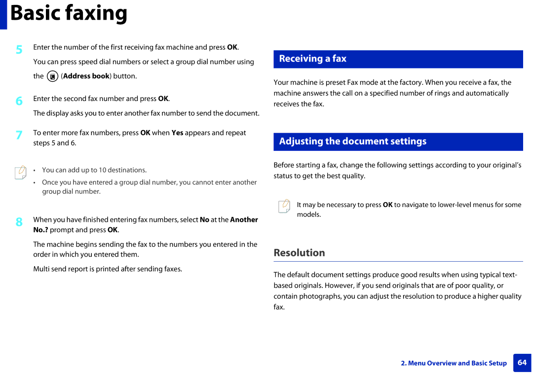 Samsung M207x manual Resolution, Receiving a fax, Adjusting the document settings 