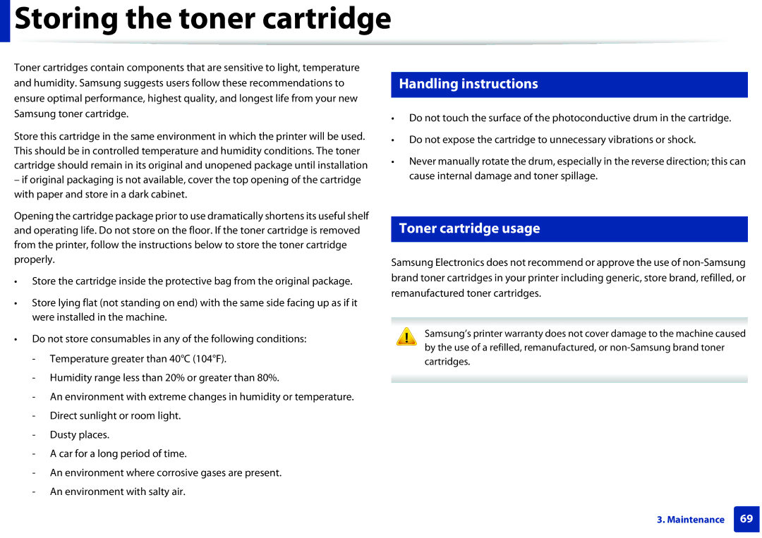 Samsung M207x manual Storing the toner cartridge, Handling instructions, Toner cartridge usage 