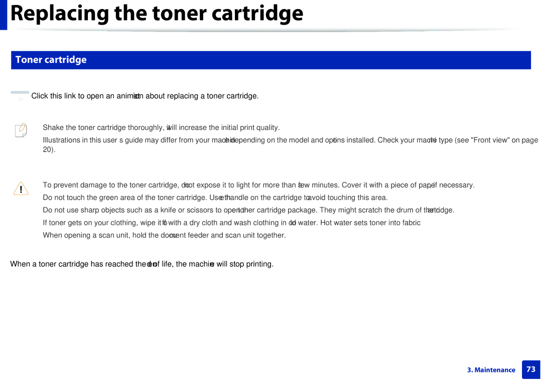 Samsung M207x manual Replacing the toner cartridge, Toner cartridge 