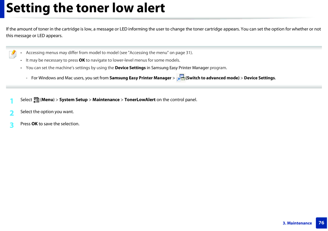 Samsung M207x manual Setting the toner low alert, Select the option you want Press OK to save the selection 