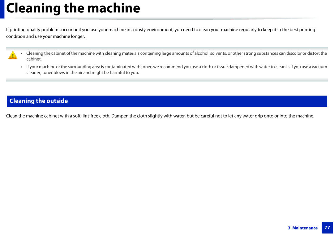 Samsung M207x manual Cleaning the machine, Cleaning the outside 