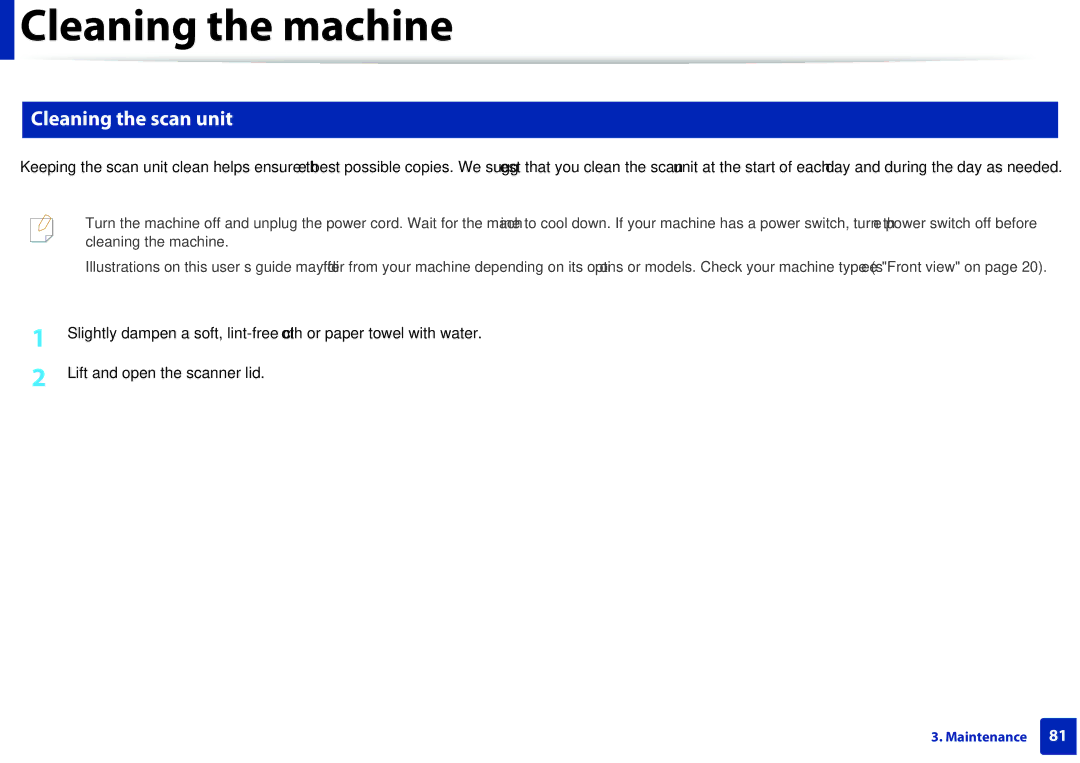 Samsung M207x manual Cleaning the scan unit 