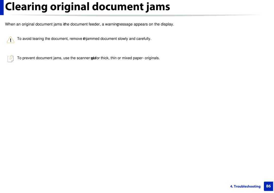 Samsung M207x manual Clearing original document jams 