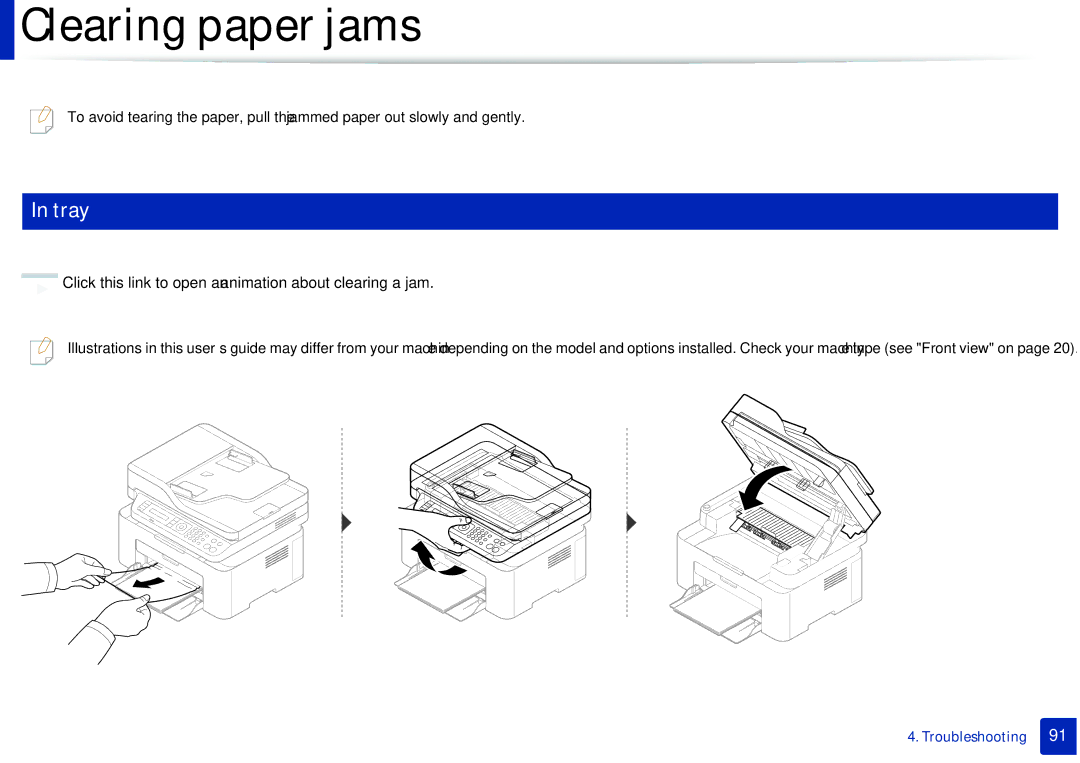 Samsung M207x manual Clearing paper jams, Tray, Click this link to open an animation about clearing a jam 