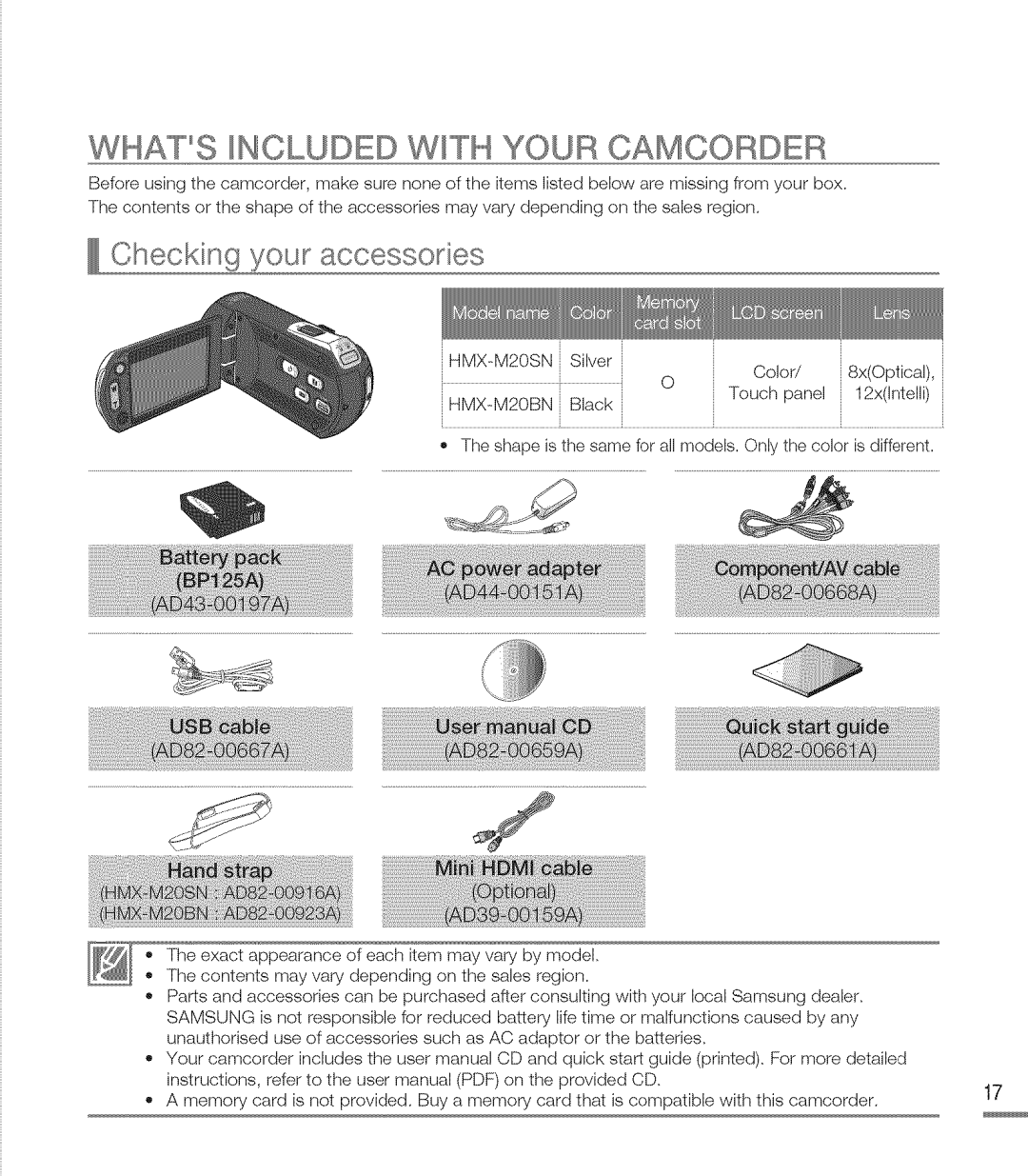 Samsung M20SN, M20BN user manual Whats Ncluded WiTH Your Camcorder, Checking your accessories 