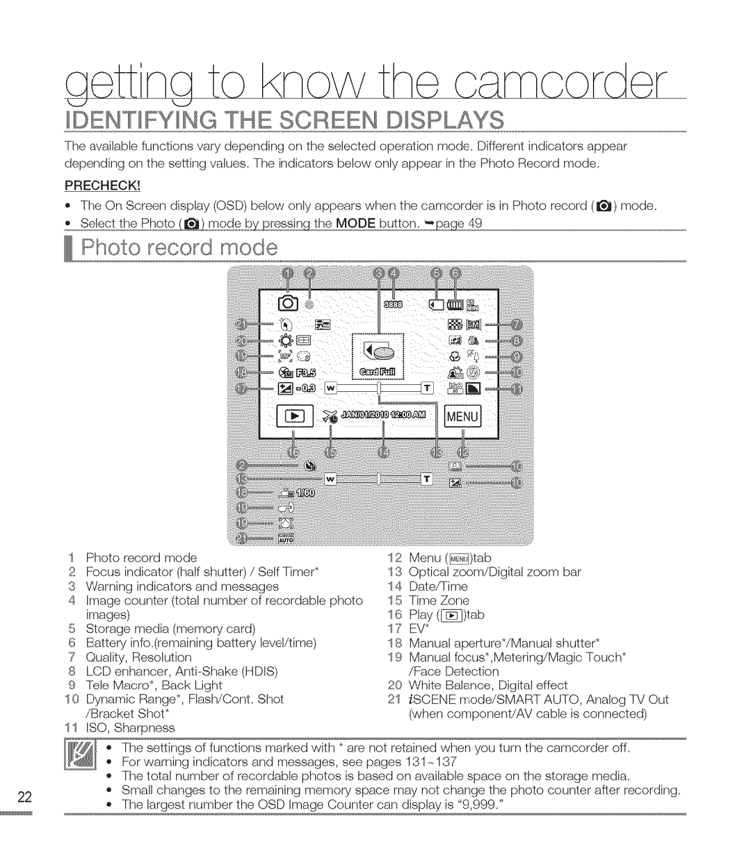 Samsung M20BN, M20SN user manual Photo record mode, Face 