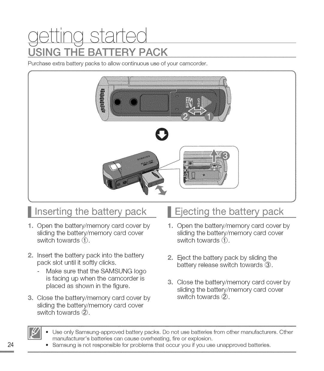 Samsung M20BN, M20SN user manual Using the Battery Pack, Bserting the battery pack, Eiecting the battery pack 