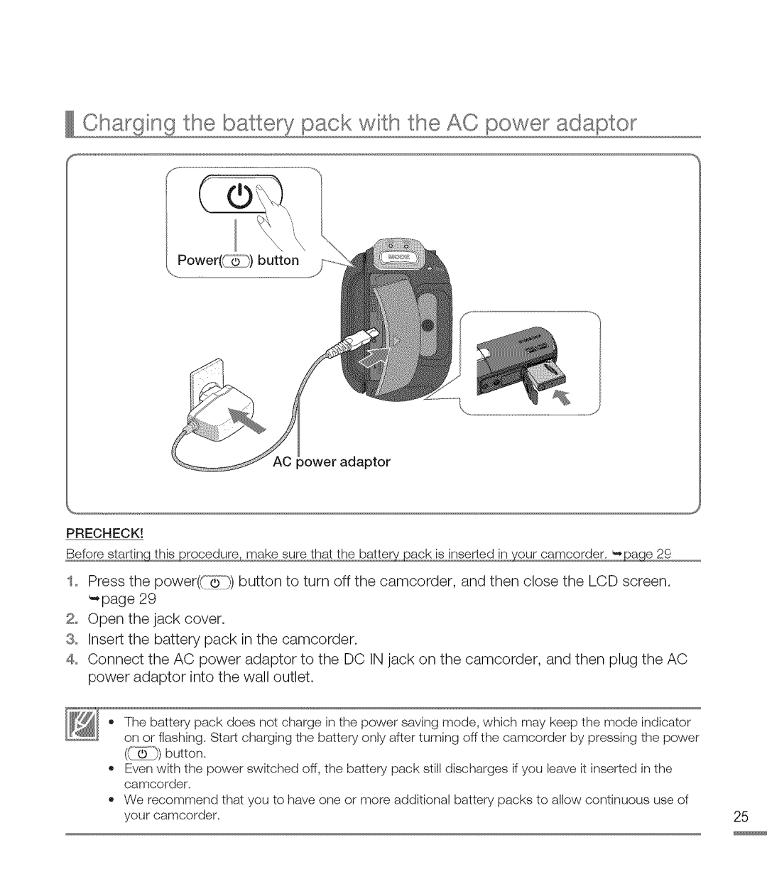 Samsung M20SN, M20BN user manual Charging the battery pack wit.h the AC power adaptor 