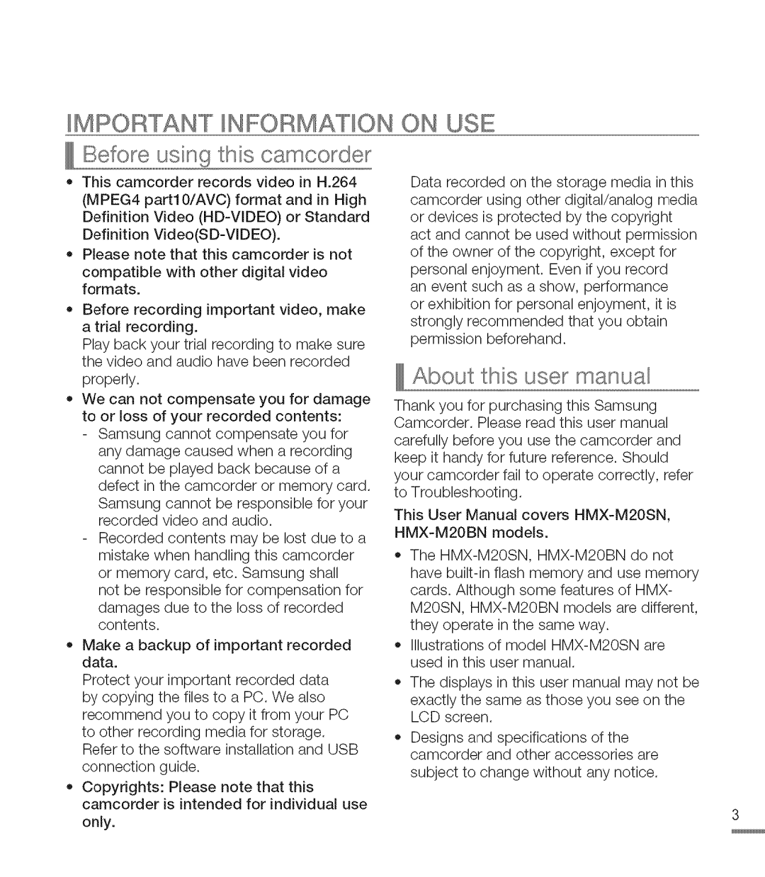 Samsung M20SN, M20BN user manual Mportant iNFORMATiON on USE, Before using this camcorder 