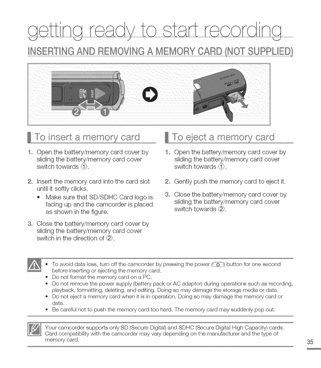 Samsung M20SN, M20BN Insertingand Removinga Memory Card Notsupplied, To insert a memory card To eiect a memory card 