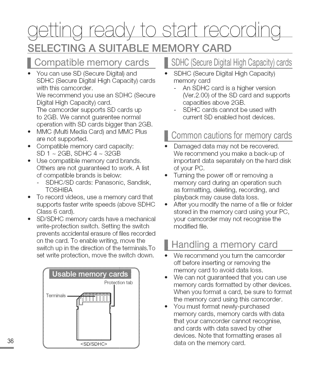 Samsung M20BN, M20SN user manual Selecting a Suitable Memory Card, Compatible memory cards, SDHCSeceD!a HghCapacycards 