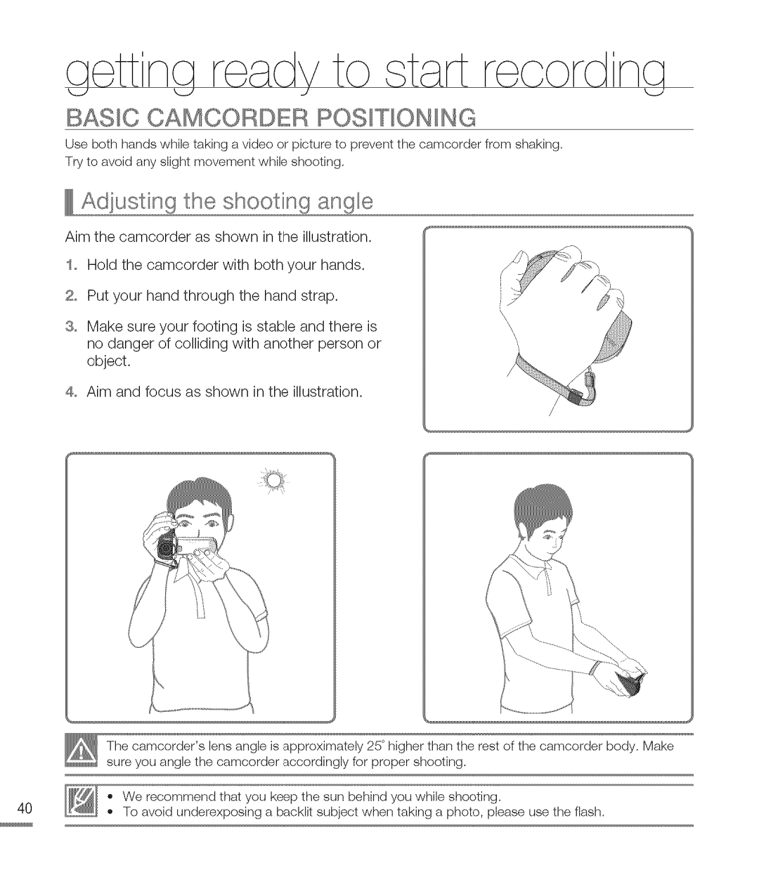 Samsung M20BN, M20SN user manual Basic Camcorder POSmON NG, Adiusting the shooting angle 