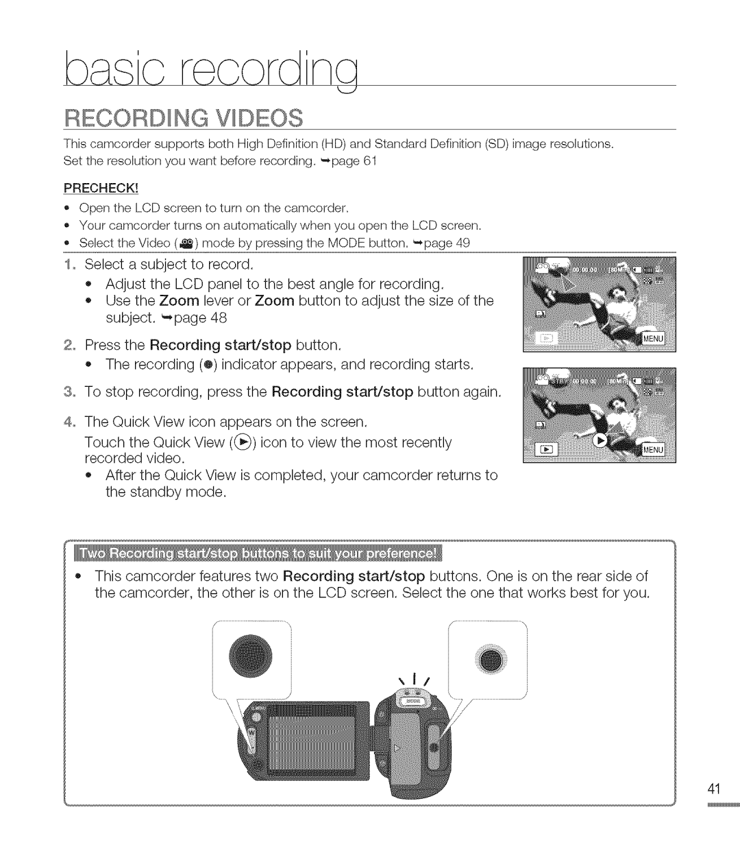 Samsung M20SN, M20BN user manual Recording Vdeos 