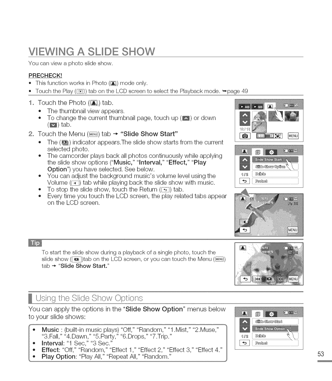 Samsung M20SN, M20BN user manual EW NG a Smde Show, Slide Show Optlol/o 