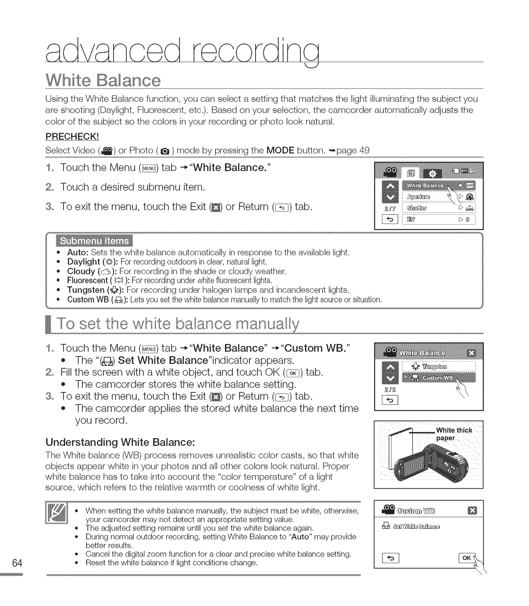 Samsung M20BN, M20SN user manual White Balance, To set the white balance manually 